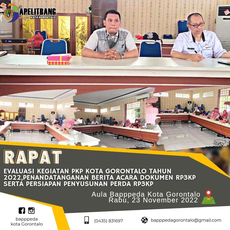 Rapat Evaluasi Kegiatan PKP Kota Gorontalo Tahun 2022 , serta Persiapan Penyusunan Perda RP3KP, Bertempat di Aula Bapppeda Kota Gorontalo